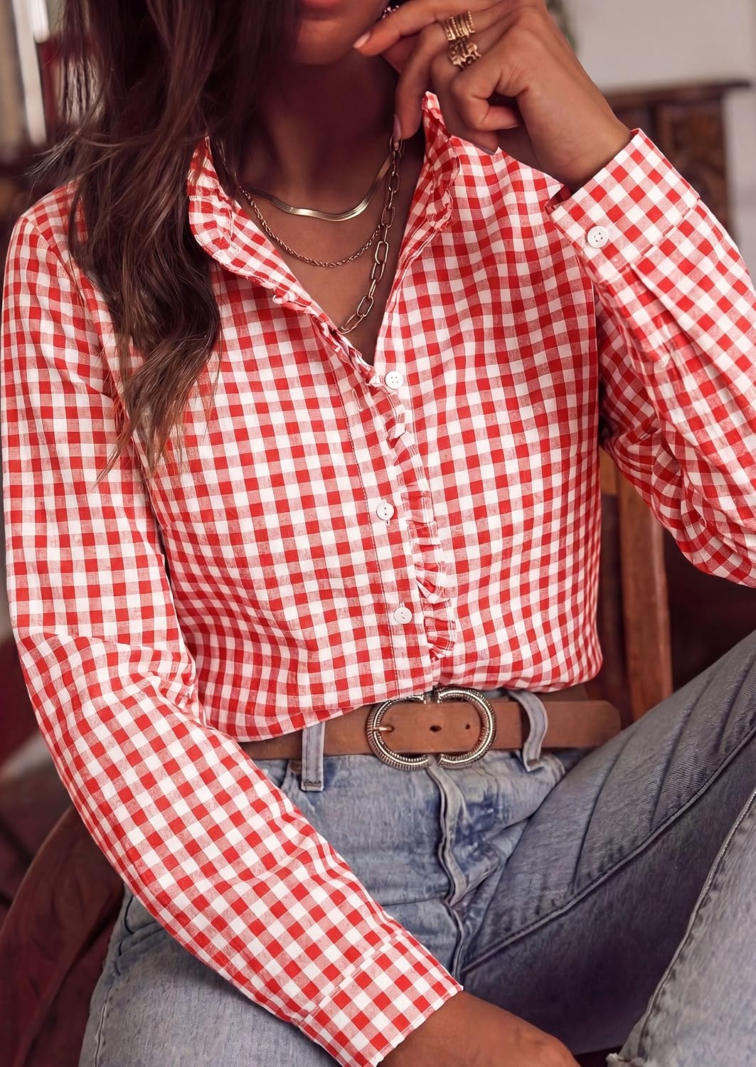 image:imagePRETTYGARDEN Womens Long Sleeve Button Down ShirtsPlaid Brilliant Red White