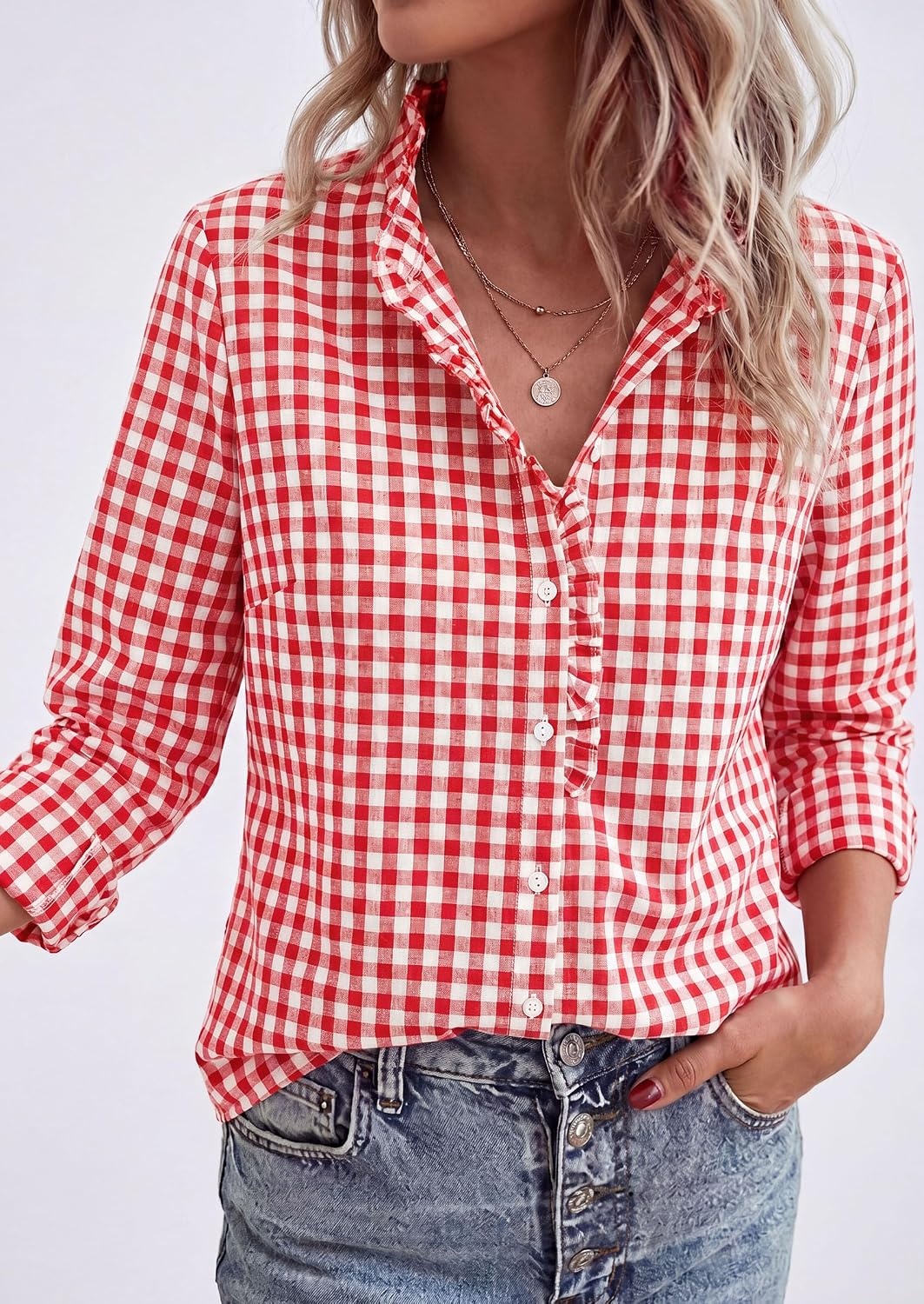 image:imagePRETTYGARDEN Womens Long Sleeve Button Down ShirtsPlaid Brilliant Red White