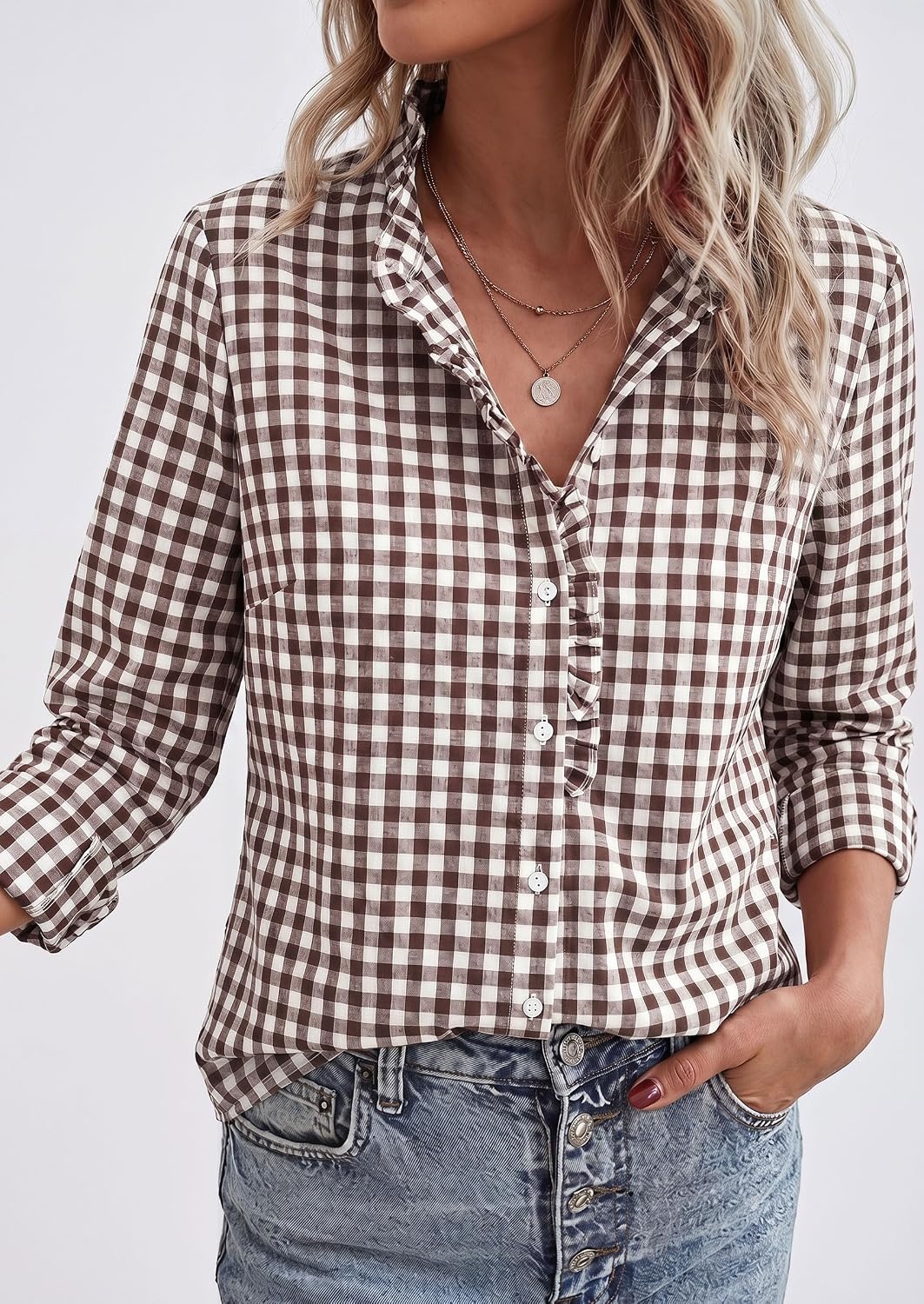 image:imagePRETTYGARDEN Womens Long Sleeve Button Down ShirtsPlaid Brown White
