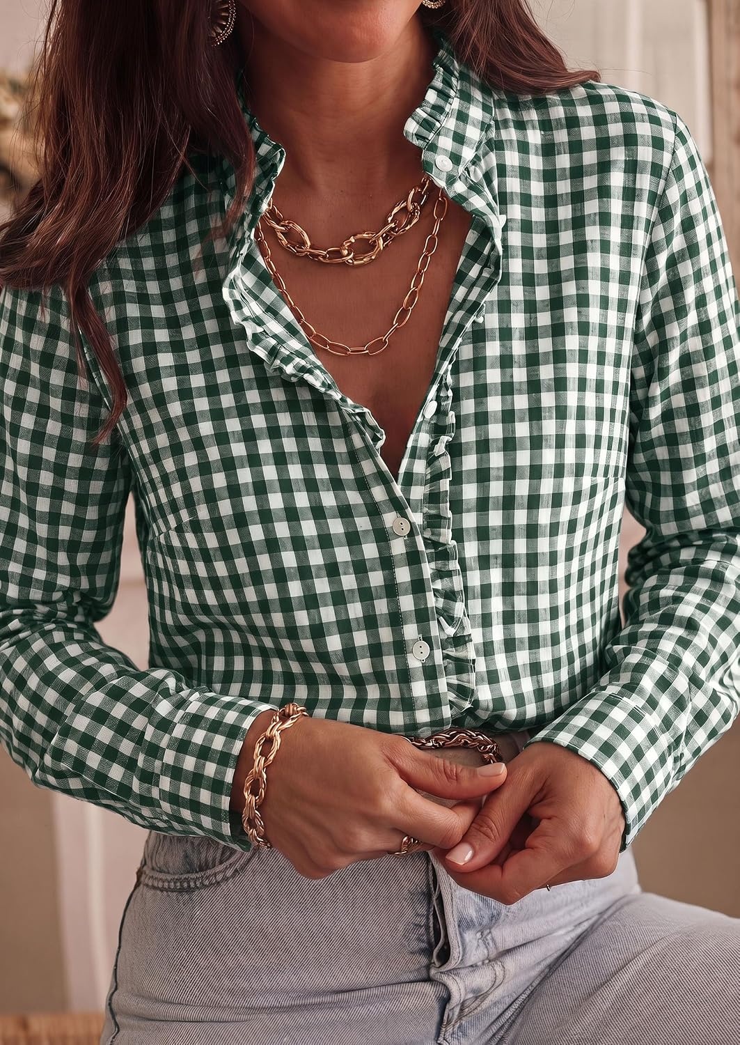 image:imagePRETTYGARDEN Womens Long Sleeve Button Down ShirtsPlaid Dark Green White