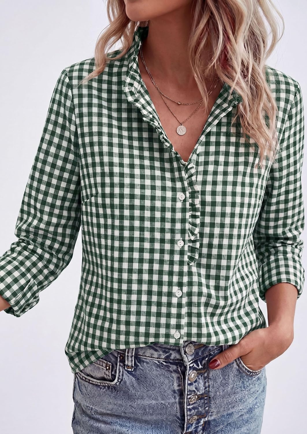 image:imagePRETTYGARDEN Womens Long Sleeve Button Down ShirtsPlaid Dark Green White