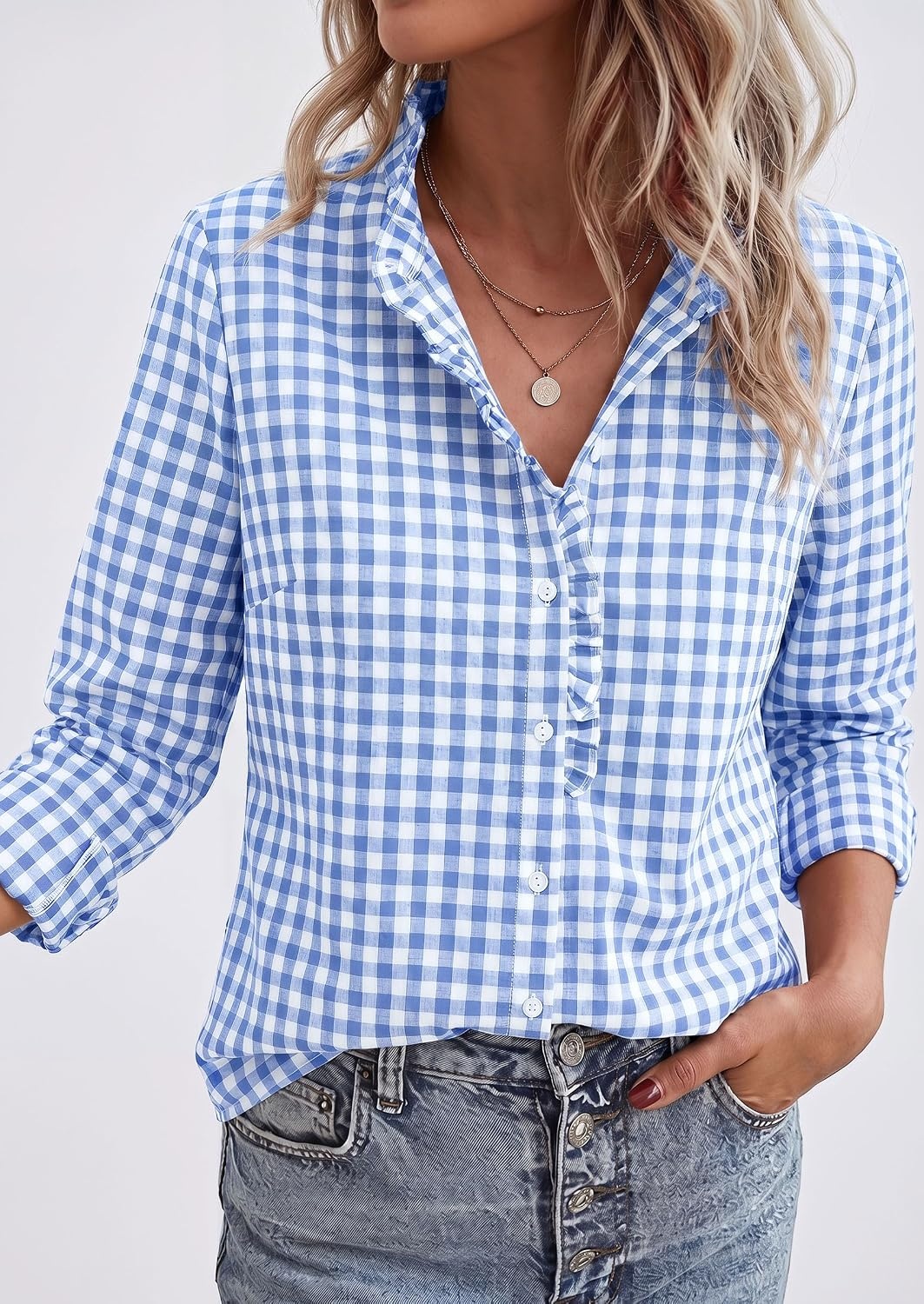 image:imagePRETTYGARDEN Womens Long Sleeve Button Down ShirtsPlaid Light Blue White