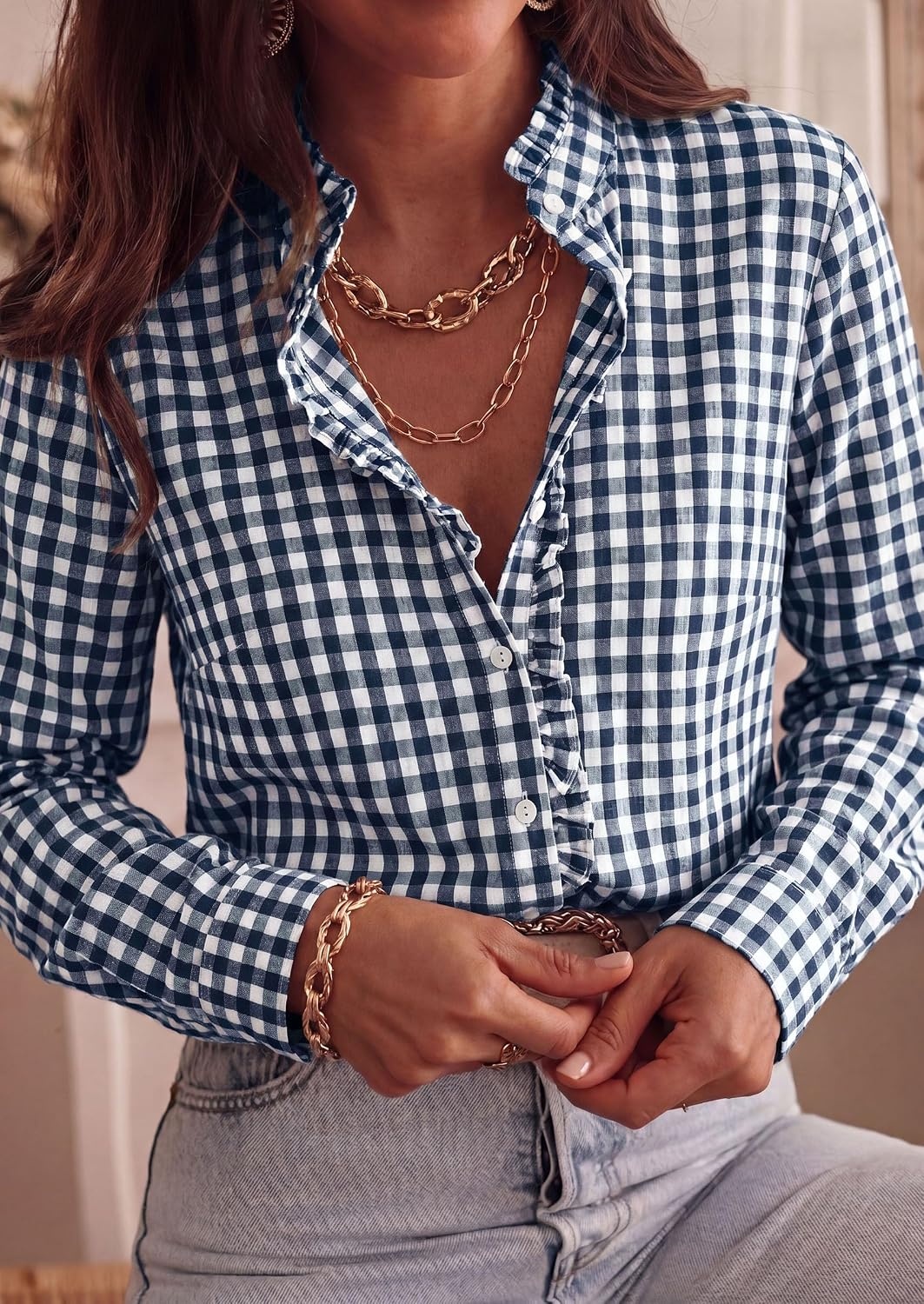 image:imagePRETTYGARDEN Womens Long Sleeve Button Down ShirtsPlaid Navy White