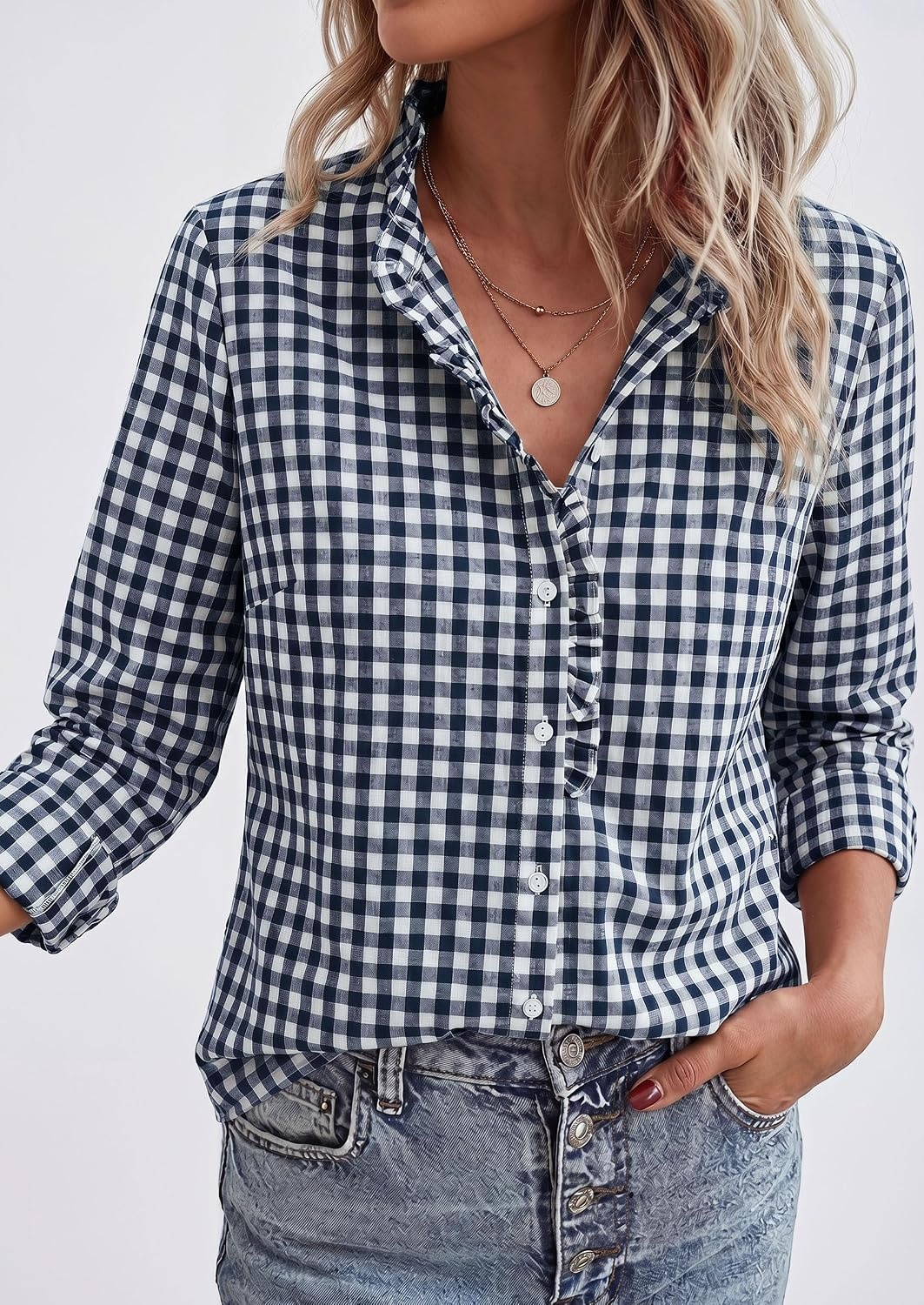 image:imagePRETTYGARDEN Womens Long Sleeve Button Down ShirtsPlaid Navy White