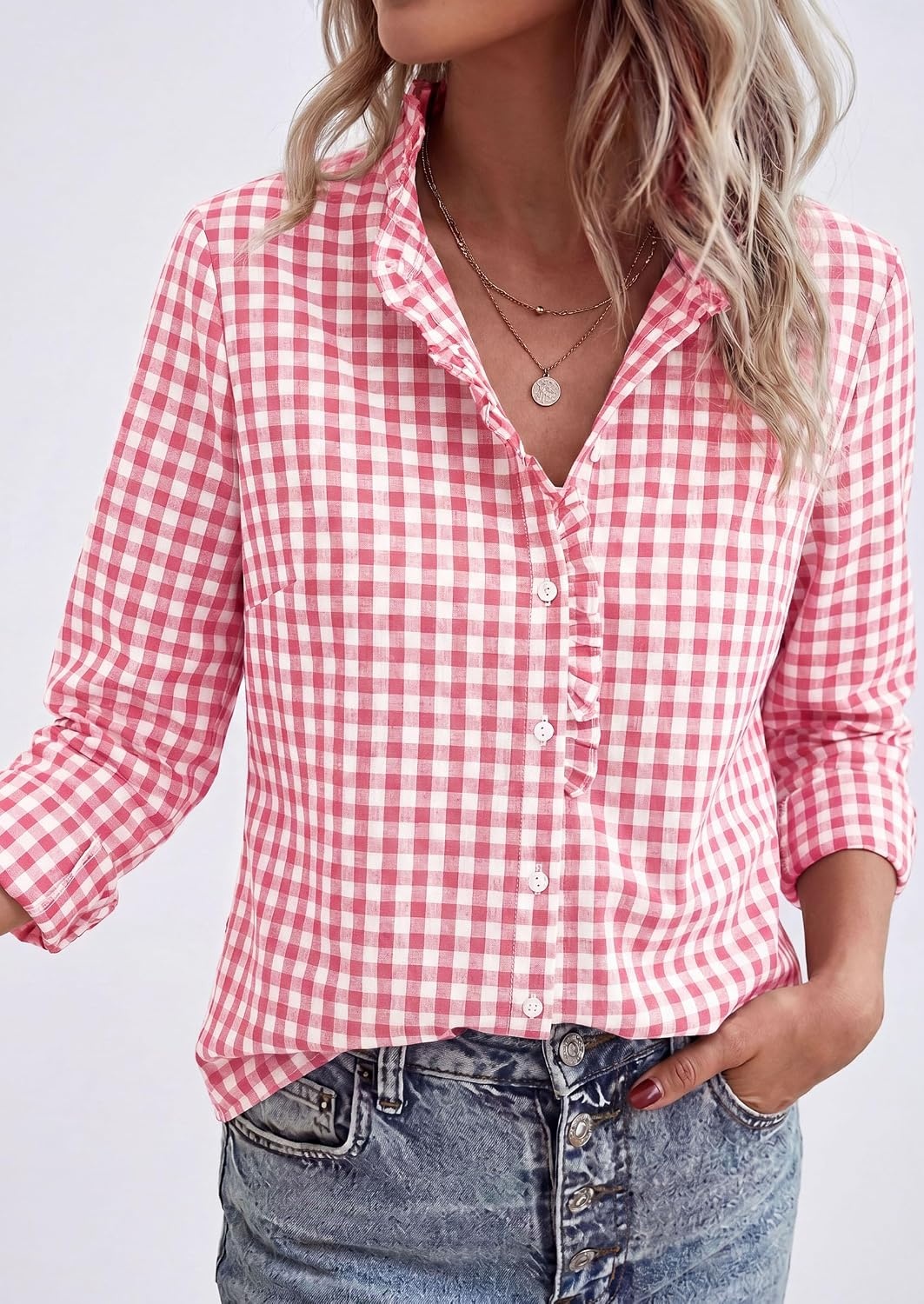 image:imagePRETTYGARDEN Womens Long Sleeve Button Down ShirtsPlaid Pink White