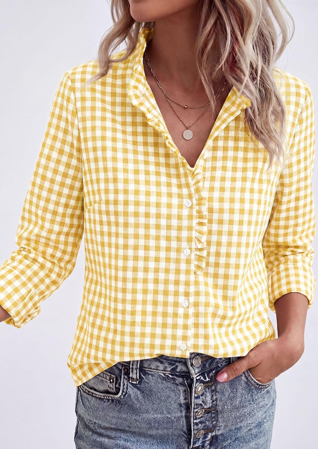 image:imagePRETTYGARDEN Womens Long Sleeve Button Down ShirtsPlaid Yellow White