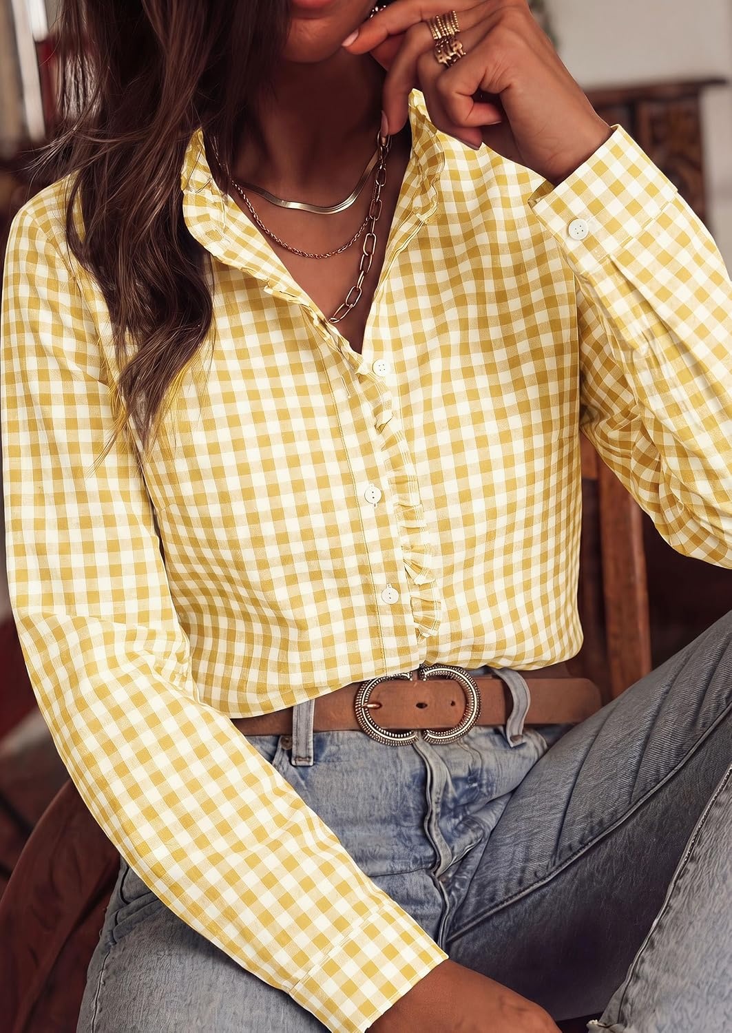 image:imagePRETTYGARDEN Womens Long Sleeve Button Down ShirtsPlaid Yellow White
