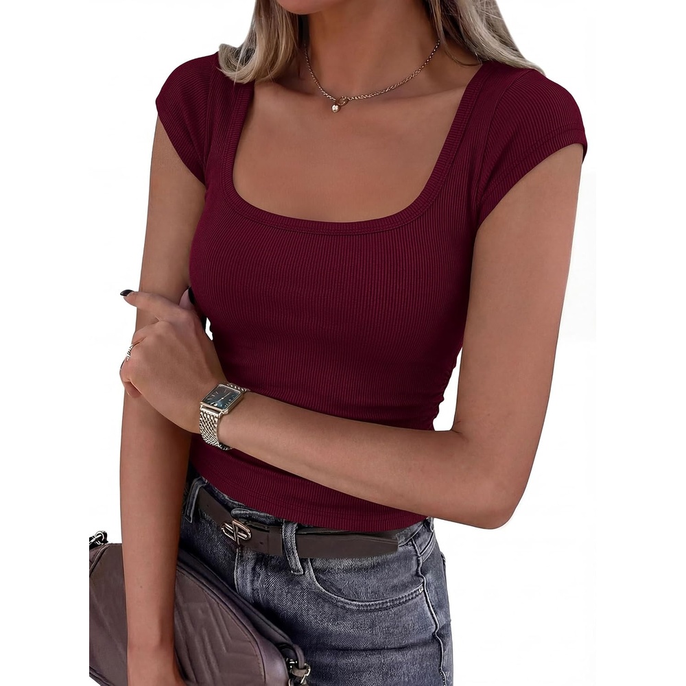 image:imagePRETTYGARDEN Short Sleeve Tops for Women Slim Fit T ShirtsWine Red
