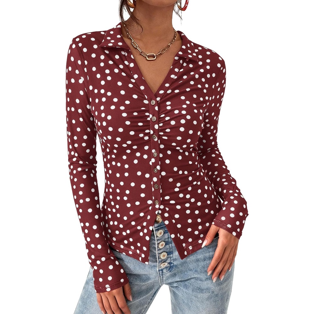 image:imagePRETTYGARDEN Womens Button Down Shirts Boho Mesh Floral Going Out Tops01 Dot Burgundy White