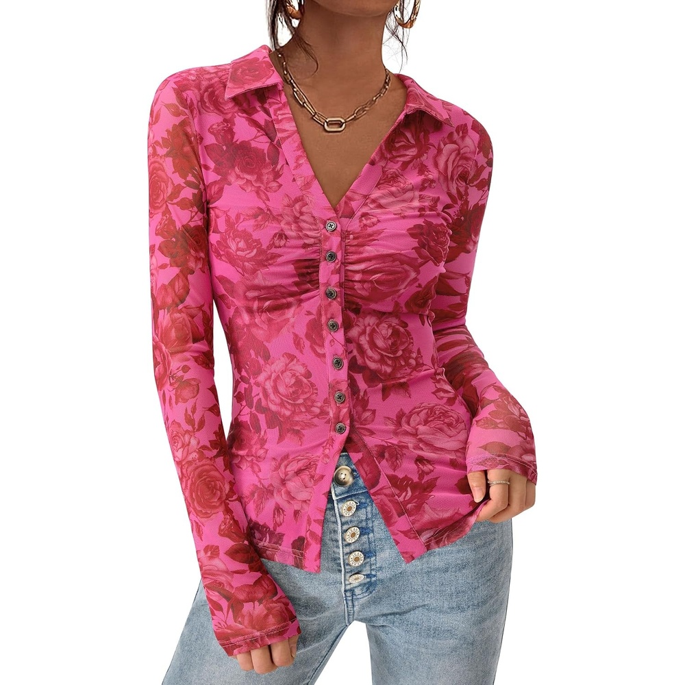 image:imagePRETTYGARDEN Womens Button Down Shirts Boho Mesh Floral Going Out TopsPink Red Floral
