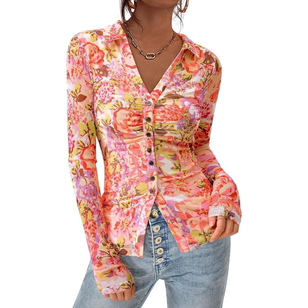 image:imagePRETTYGARDEN Womens Button Down Shirts Boho Mesh Floral Going Out TopsRed Pink