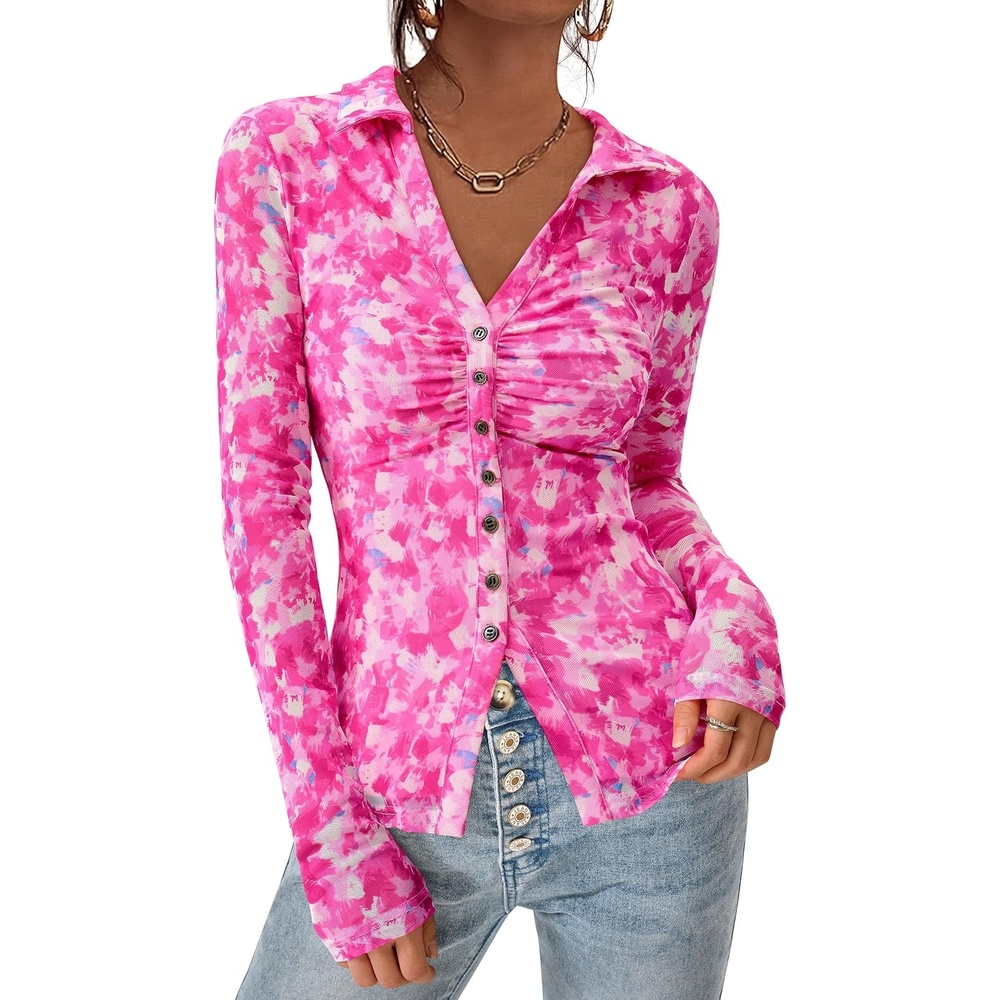 image:imagePRETTYGARDEN Womens Button Down Shirts Boho Mesh Floral Going Out TopsRose Pink