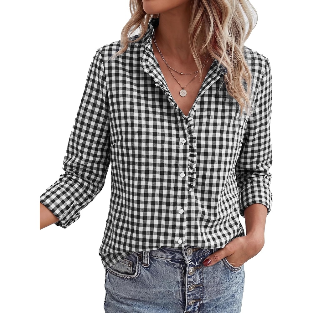 image:imagePRETTYGARDEN Womens Long Sleeve Button Down ShirtsPlaid Black White
