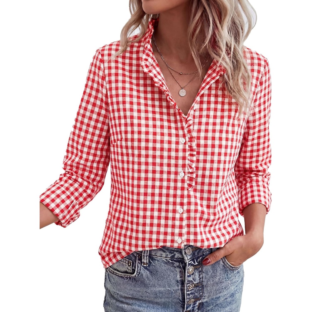 image:imagePRETTYGARDEN Womens Long Sleeve Button Down ShirtsPlaid Brilliant Red White