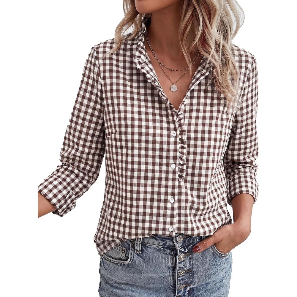 image:imagePRETTYGARDEN Womens Long Sleeve Button Down ShirtsPlaid Brown White