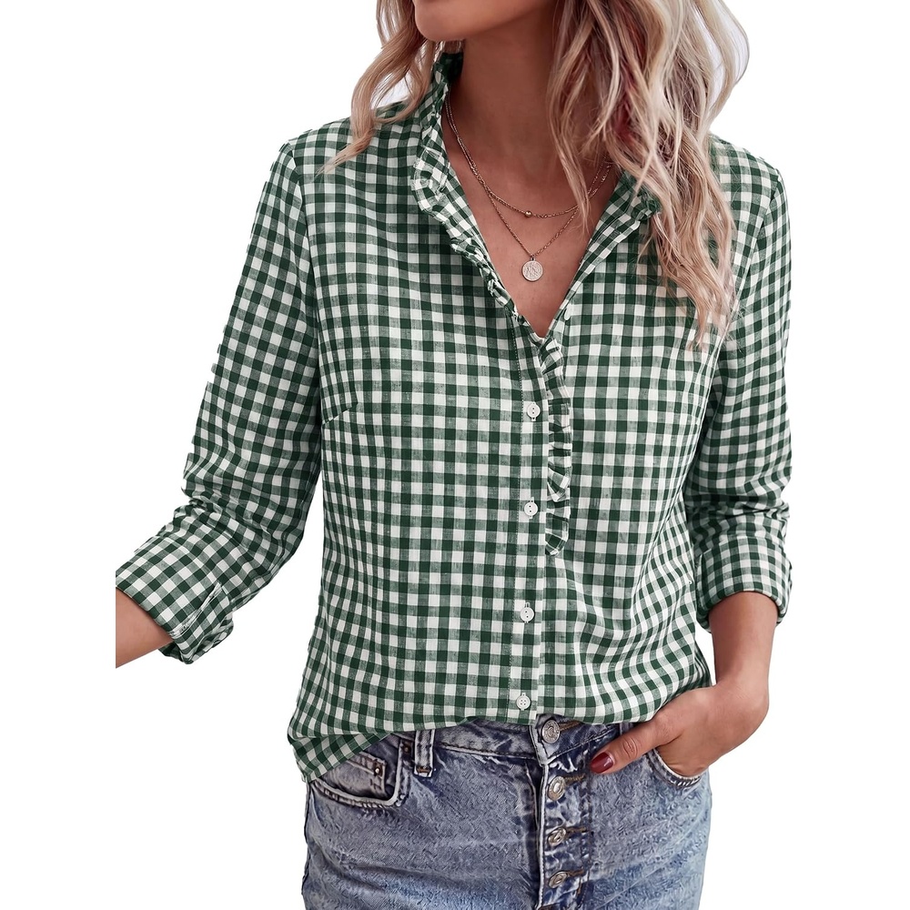 image:imagePRETTYGARDEN Womens Long Sleeve Button Down ShirtsPlaid Dark Green White