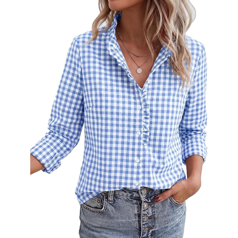 image:imagePRETTYGARDEN Womens Long Sleeve Button Down ShirtsPlaid Light Blue White