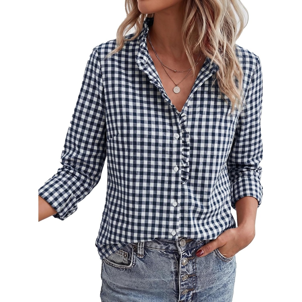 image:imagePRETTYGARDEN Womens Long Sleeve Button Down ShirtsPlaid Navy White