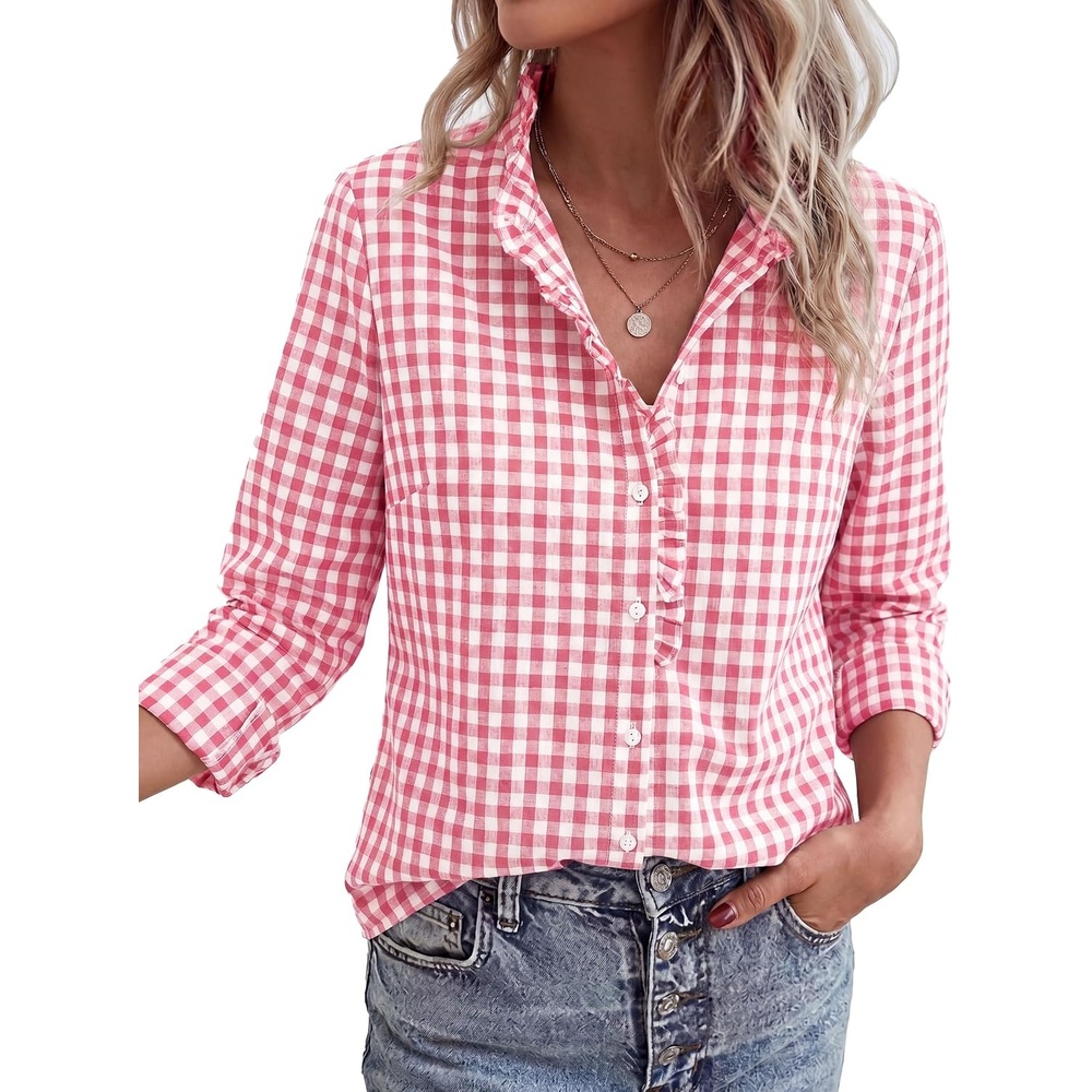 image:imagePRETTYGARDEN Womens Long Sleeve Button Down ShirtsPlaid Pink White
