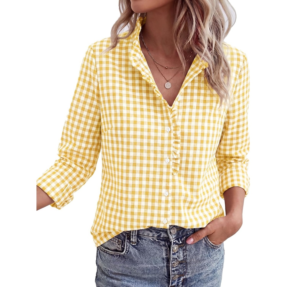 image:imagePRETTYGARDEN Womens Long Sleeve Button Down ShirtsPlaid Yellow White