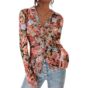 PRETTYGARDEN Women’s Button Down Shirts Boho Mesh Floral Going Out Tops(Black Floral)
