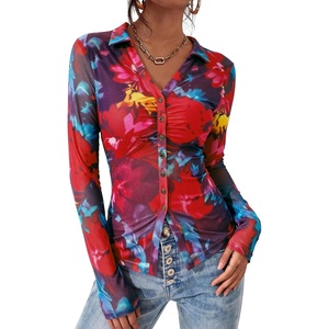 PRETTYGARDEN Women’s Button Down Shirts Boho Mesh Floral Going Out Tops(Floral Navy Red)