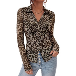 PRETTYGARDEN Women’s Button Down Shirts Boho Mesh Floral Going Out Tops(Leopard)