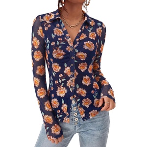 PRETTYGARDEN Women’s Button Down Shirts Boho Mesh Floral Going Out Tops(Navy Blue Floral)