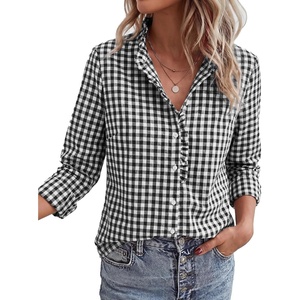 PRETTYGARDEN Womens Long Sleeve Button Down Shirts(Plaid Black White)