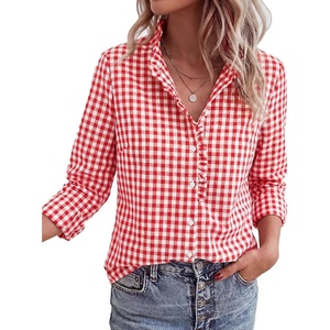 PRETTYGARDEN Womens Long Sleeve Button Down Shirts(Plaid Brilliant Red White)