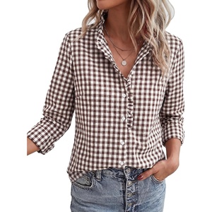 PRETTYGARDEN Womens Long Sleeve Button Down Shirts(Plaid Brown White)