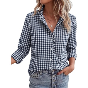 PRETTYGARDEN Womens Long Sleeve Button Down Shirts(Plaid Navy White)
