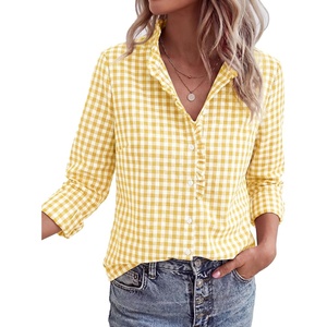 PRETTYGARDEN Womens Long Sleeve Button Down Shirts(Plaid Yellow White)