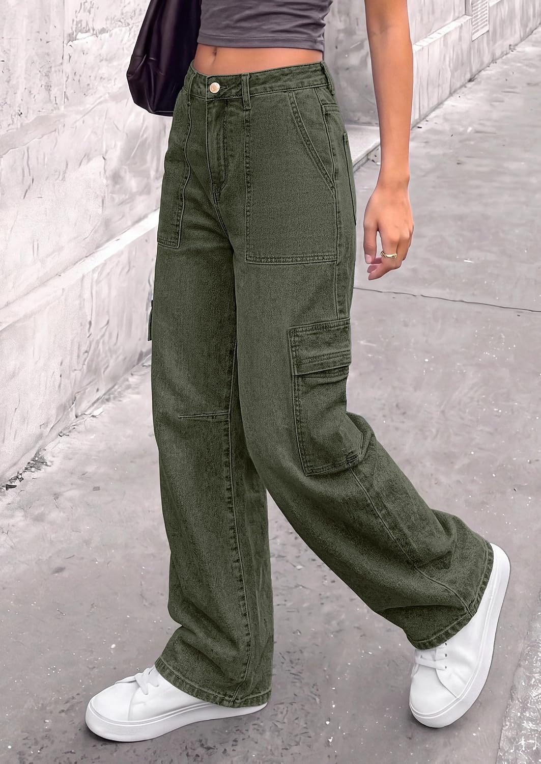 image:imagePRETTYGARDEN Barrel Pants Women Wide Leg Baggy Denim JeansArmy Green