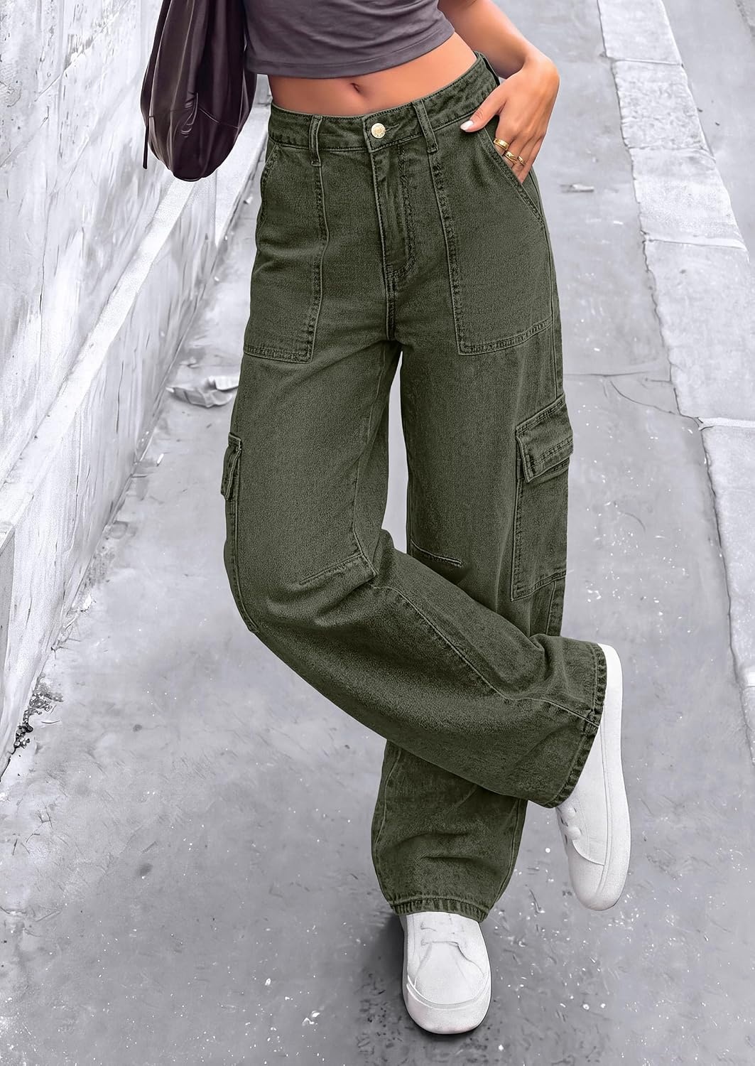 image:imagePRETTYGARDEN Barrel Pants Women Wide Leg Baggy Denim JeansArmy Green