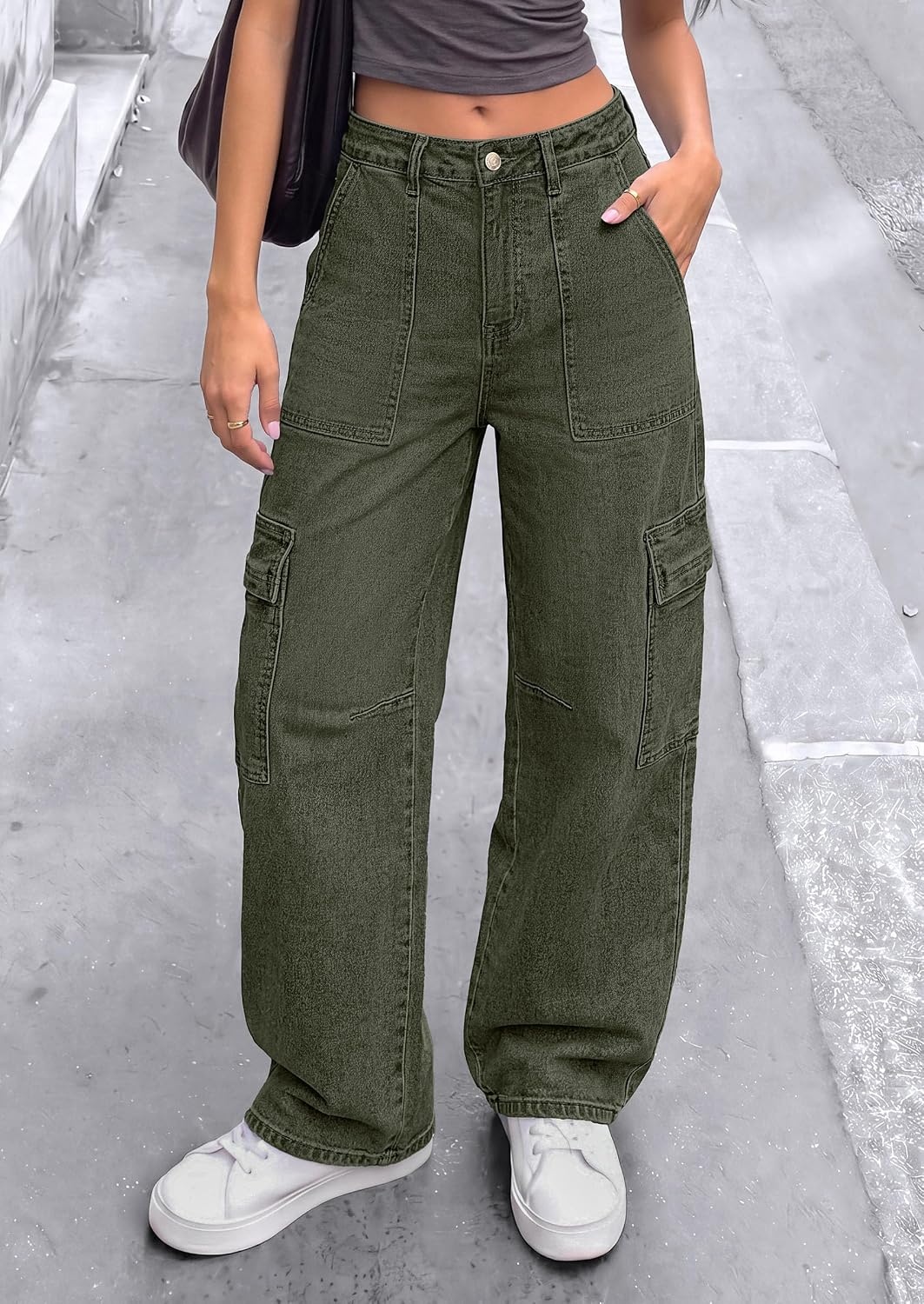 image:imagePRETTYGARDEN Barrel Pants Women Wide Leg Baggy Denim JeansArmy Green