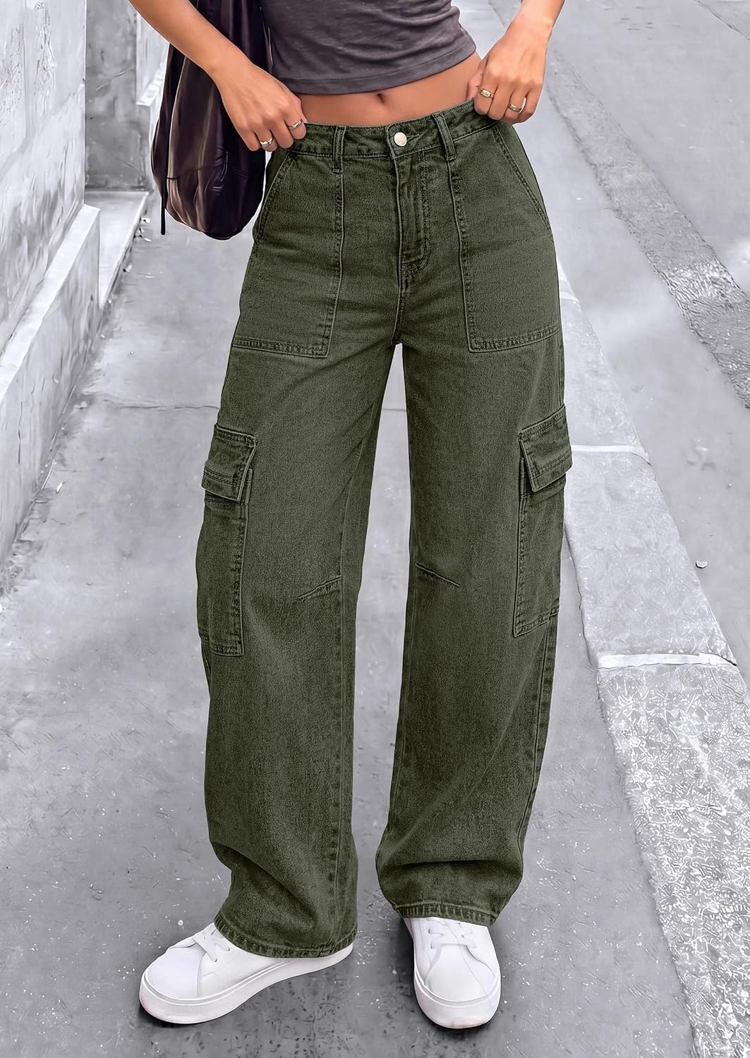 image:imagePRETTYGARDEN Barrel Pants Women Wide Leg Baggy Denim JeansArmy Green