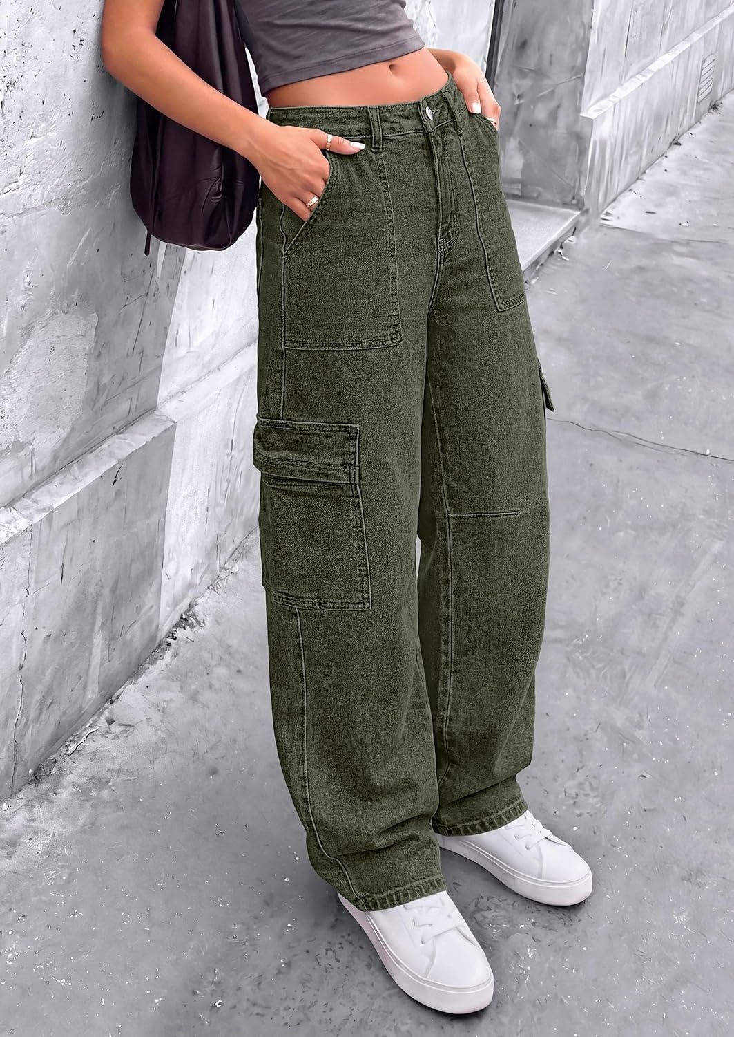 image:imagePRETTYGARDEN Barrel Pants Women Wide Leg Baggy Denim JeansArmy Green