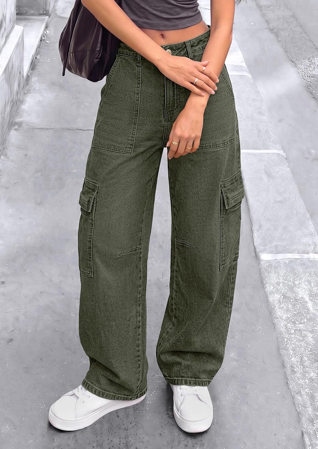 image:imagePRETTYGARDEN Barrel Pants Women Wide Leg Baggy Denim JeansArmy Green