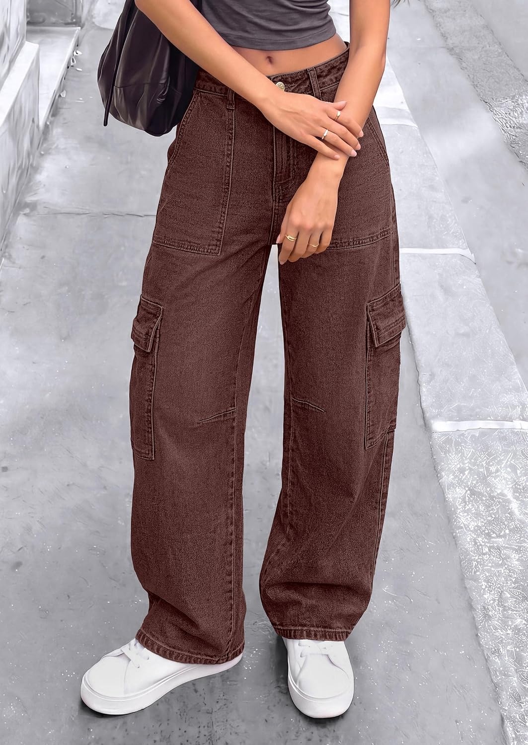 image:imagePRETTYGARDEN Barrel Pants Women Wide Leg Baggy Denim JeansBrown