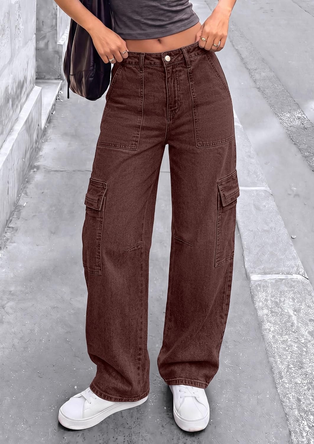 image:imagePRETTYGARDEN Barrel Pants Women Wide Leg Baggy Denim JeansBrown