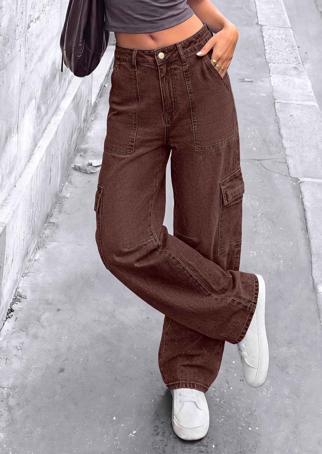 image:imagePRETTYGARDEN Barrel Pants Women Wide Leg Baggy Denim JeansBrown