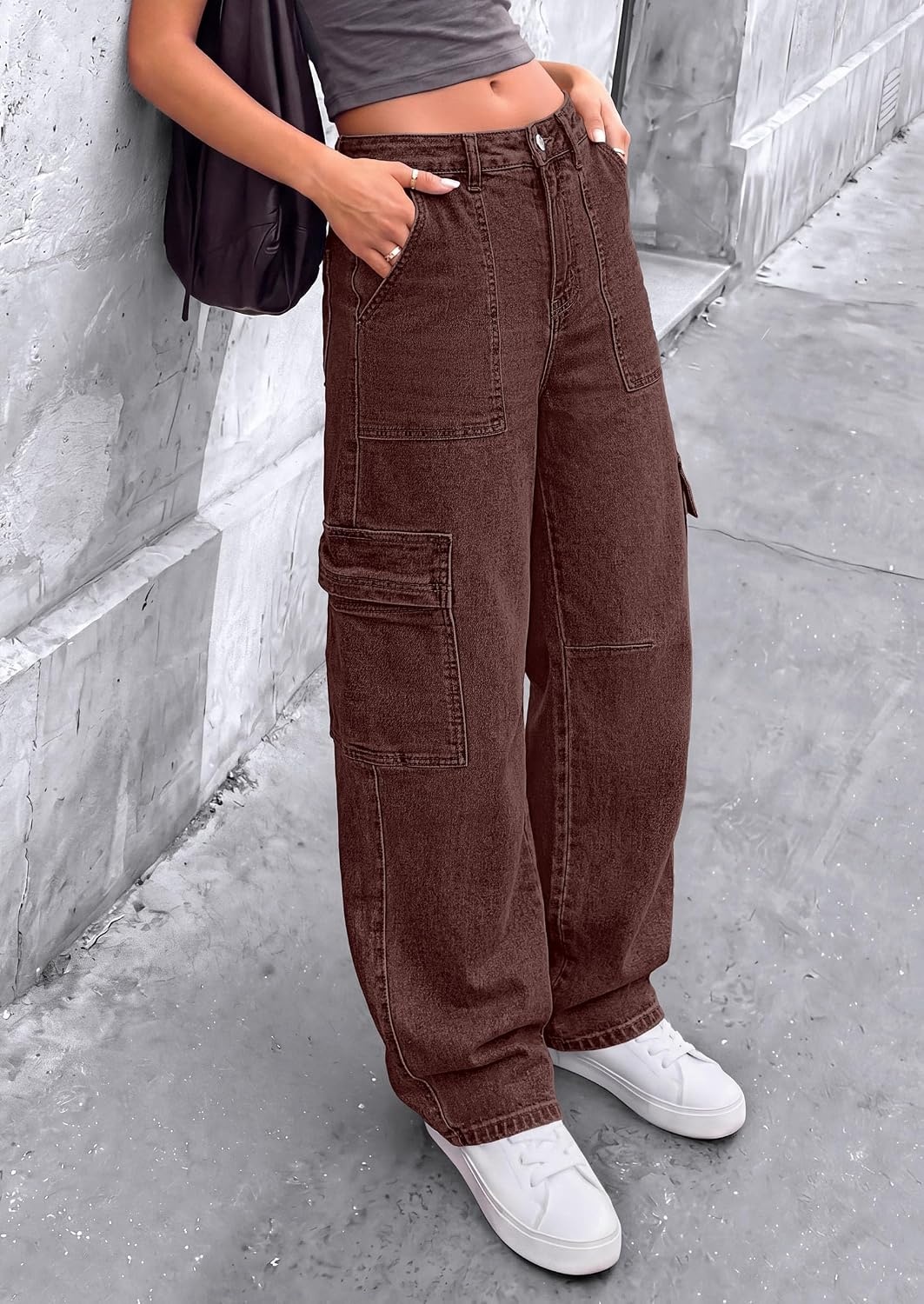 image:imagePRETTYGARDEN Barrel Pants Women Wide Leg Baggy Denim JeansBrown