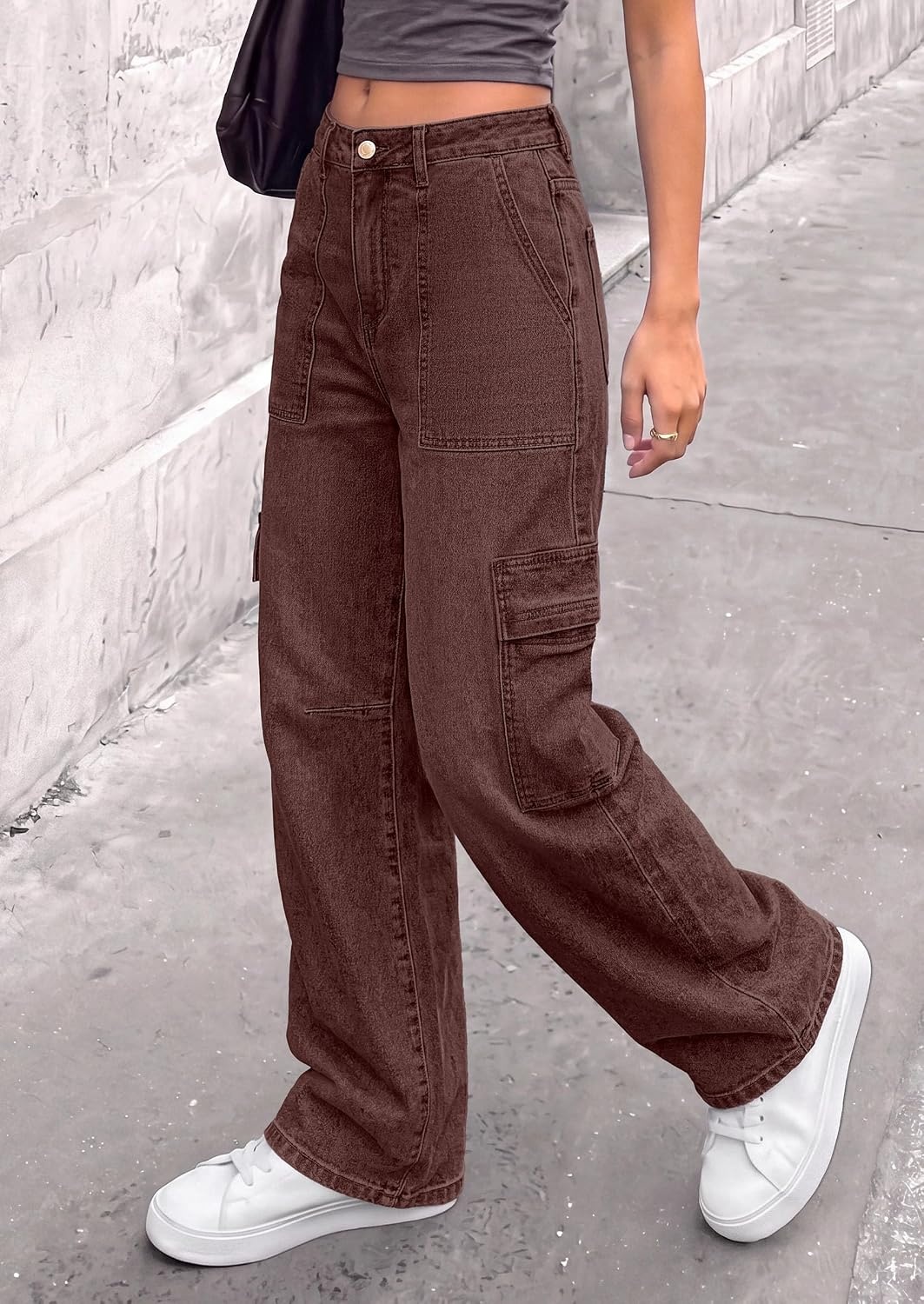 image:imagePRETTYGARDEN Barrel Pants Women Wide Leg Baggy Denim JeansBrown