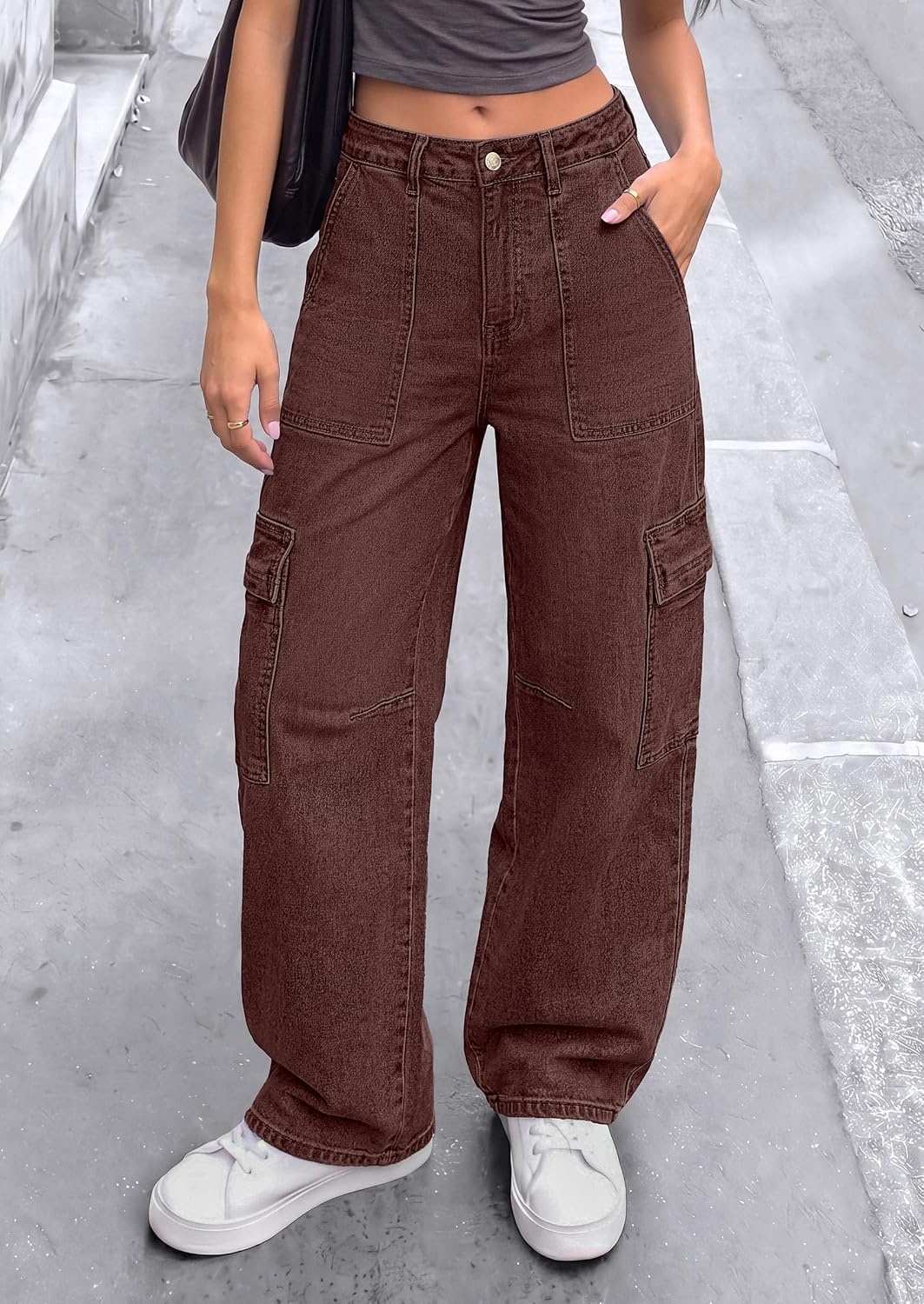 image:imagePRETTYGARDEN Barrel Pants Women Wide Leg Baggy Denim JeansBrown