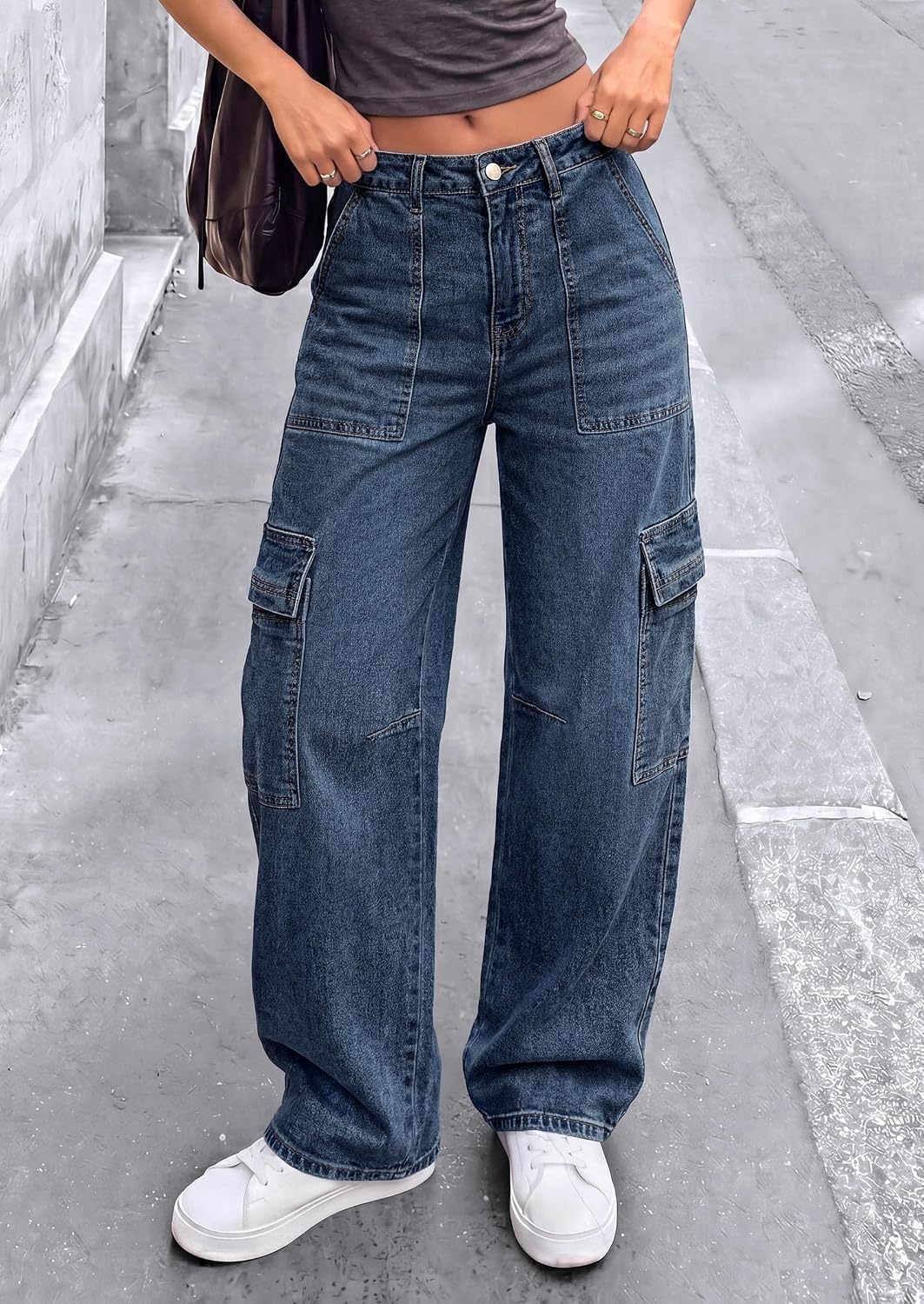 image:imagePRETTYGARDEN Barrel Pants Women Wide Leg Baggy Denim JeansDark Blue