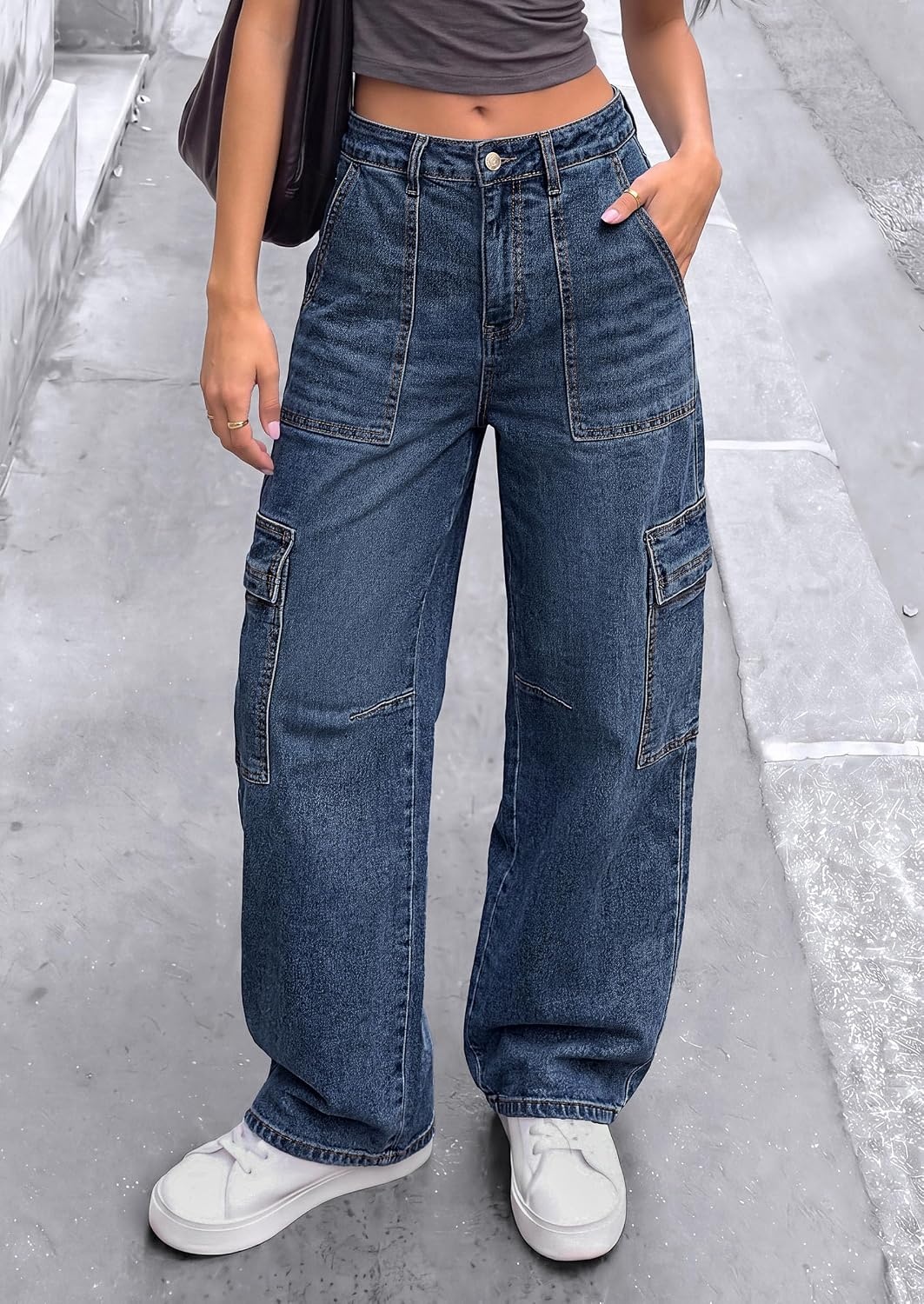 image:imagePRETTYGARDEN Barrel Pants Women Wide Leg Baggy Denim JeansDark Blue