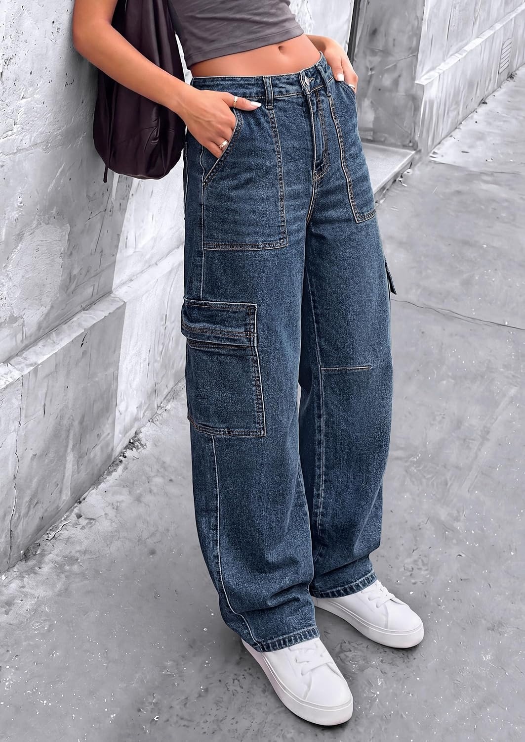 image:imagePRETTYGARDEN Barrel Pants Women Wide Leg Baggy Denim JeansDark Blue