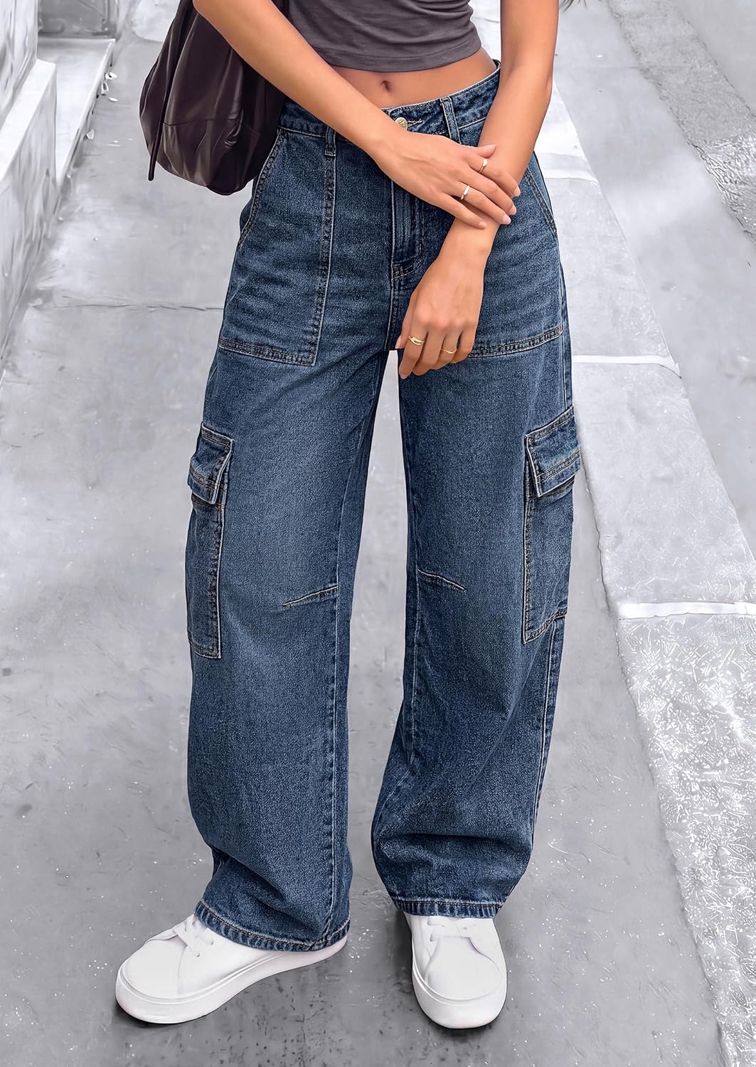 image:imagePRETTYGARDEN Barrel Pants Women Wide Leg Baggy Denim JeansDark Blue