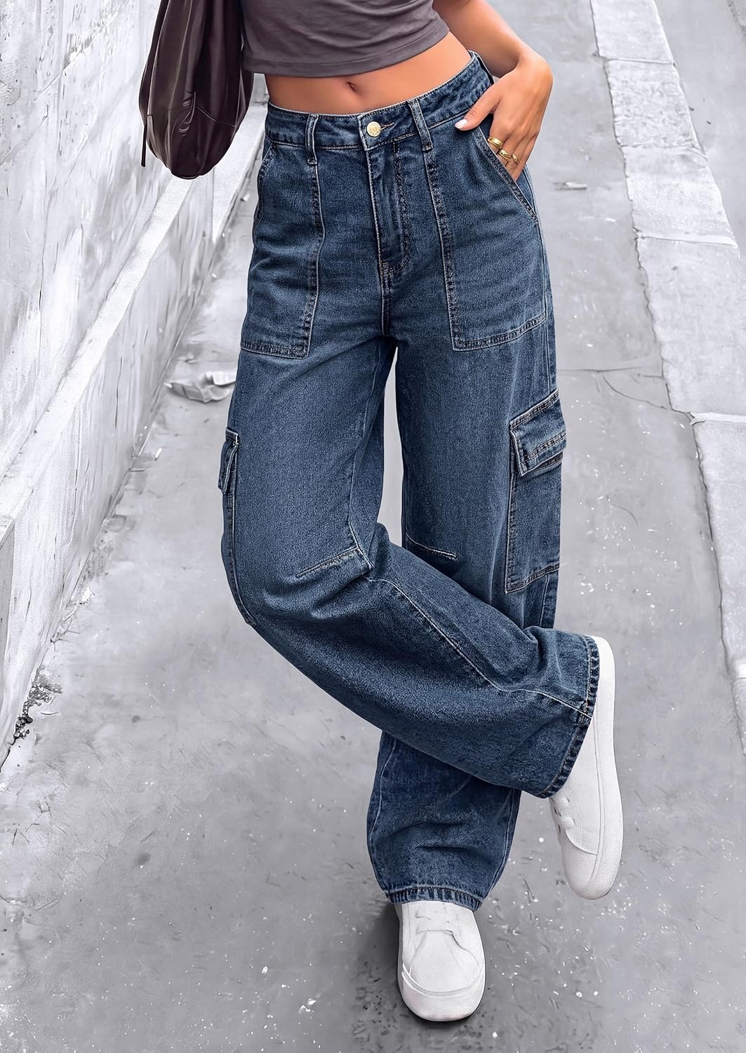 image:imagePRETTYGARDEN Barrel Pants Women Wide Leg Baggy Denim JeansDark Blue